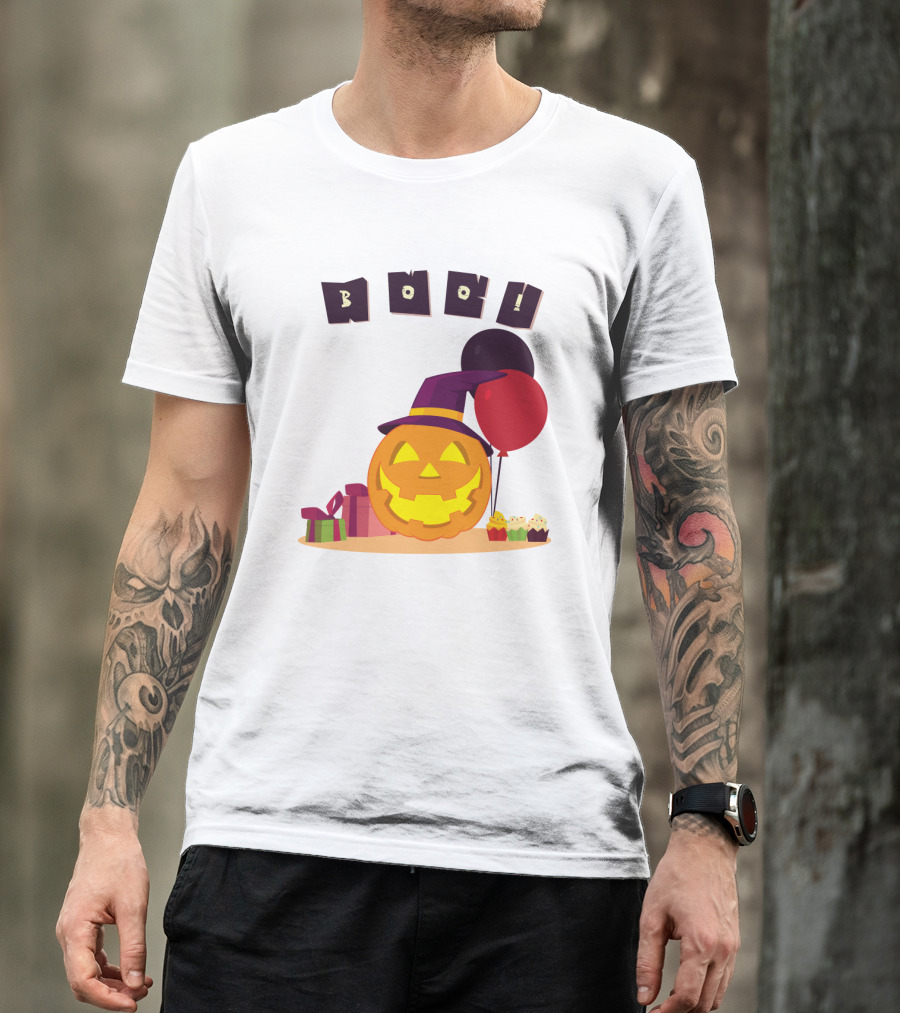 Boo Pumpkin Party With Witch Hat, Balloons, And Gifts T-Shirt