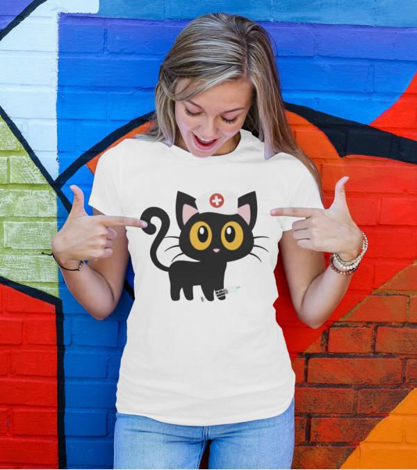 Cat Nurse Cute Black Cat With Syringe And Nurse Hat T-Shirt