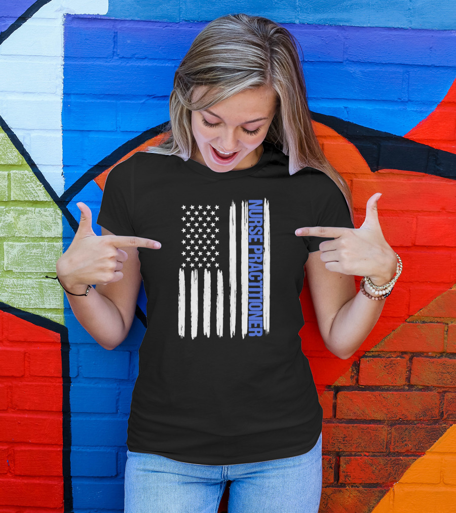 Nurse Practitioner Blue Line Distressed American Flag T-Shirt