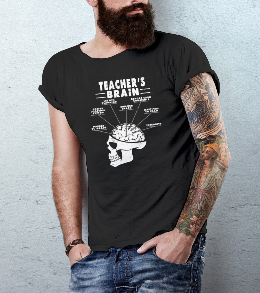 Teacher's Brain Funny Teacher Lesson Planning Report Card Comments Coffee Location System Summer Break Meetings To Plan Papers To Grade Integrity T-Shirt