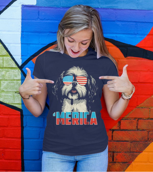 Patriotic Shih Tzu 'Merica With American Flag Sunglasses T-Shirt