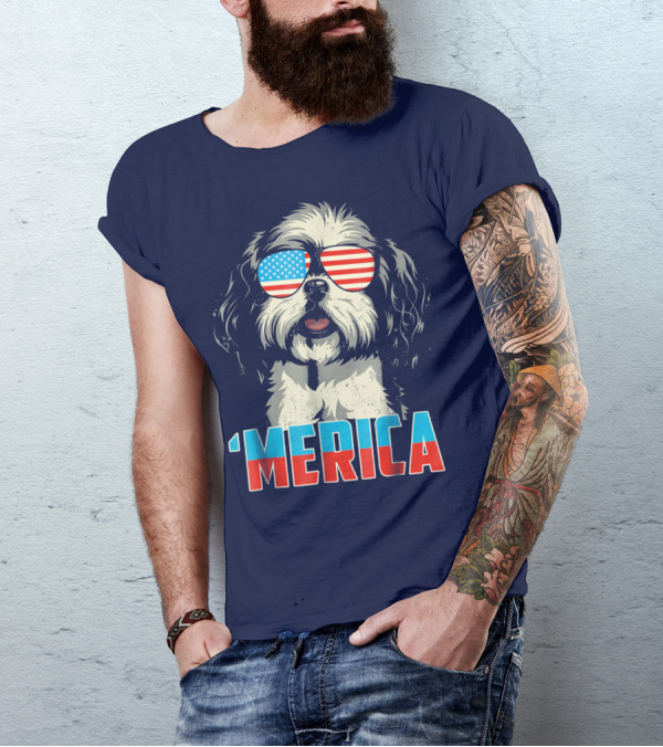 Patriotic Shih Tzu 'Merica With American Flag Sunglasses T-Shirt