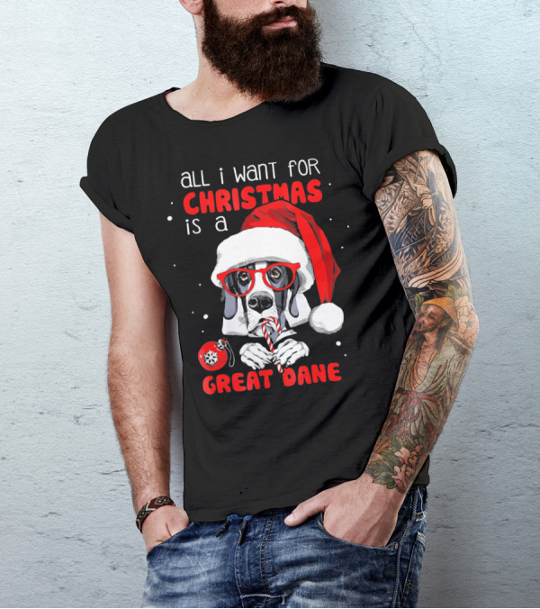 All I Want For Christmas Is A Great Dane Santa Hat Red Glasses Candy Cane T-Shirt