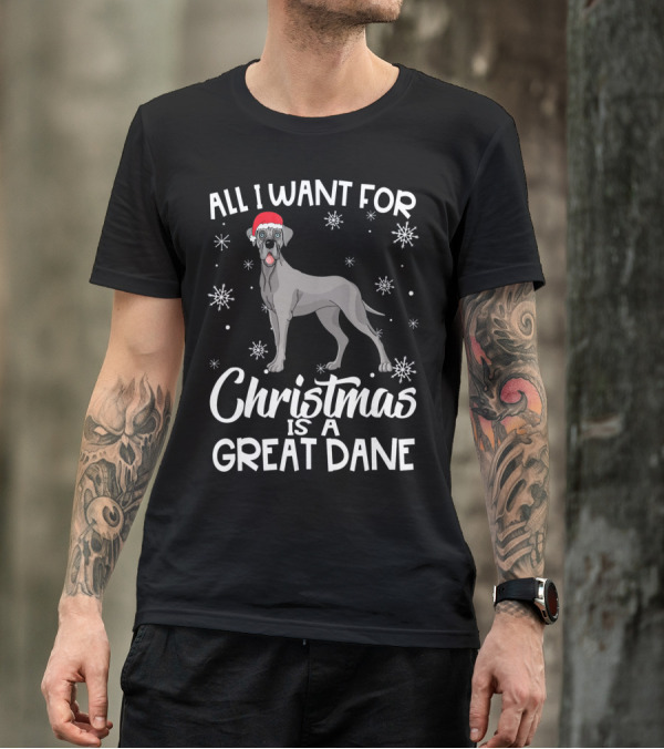 All I Want For Christmas Is A Great Dane With Santa Hat And Snowflakes T-Shirt