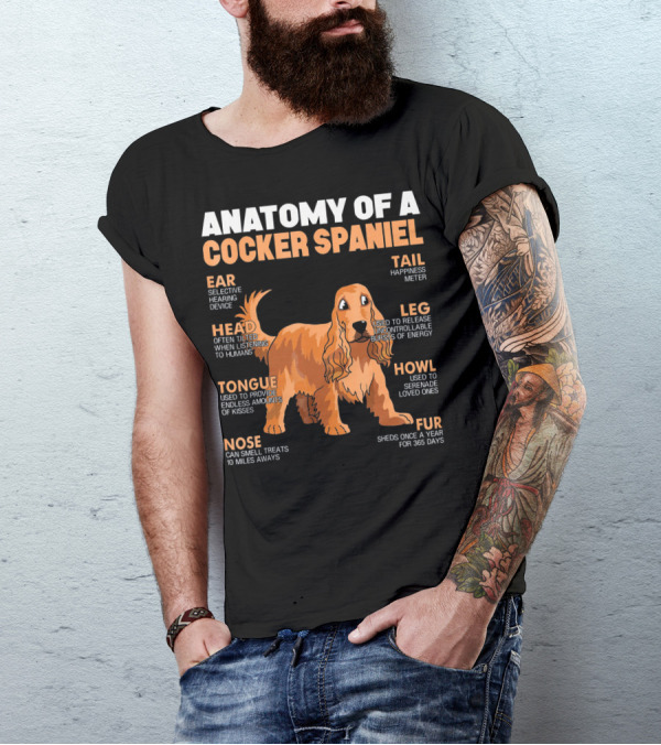 ANATOMY OF A COCKER SPANIEL HEAD TONGUE NOSE EAR FUR LEG TAIL HOWL T-Shirt