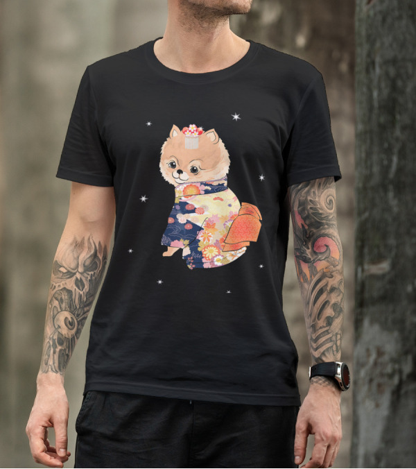 Pomeranian Dog In Floral Kimono With Stars T-Shirt