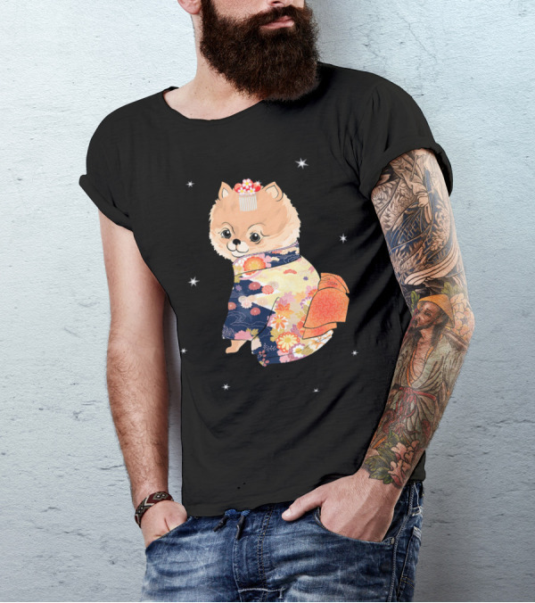 Pomeranian Dog In Floral Kimono With Stars T-Shirt