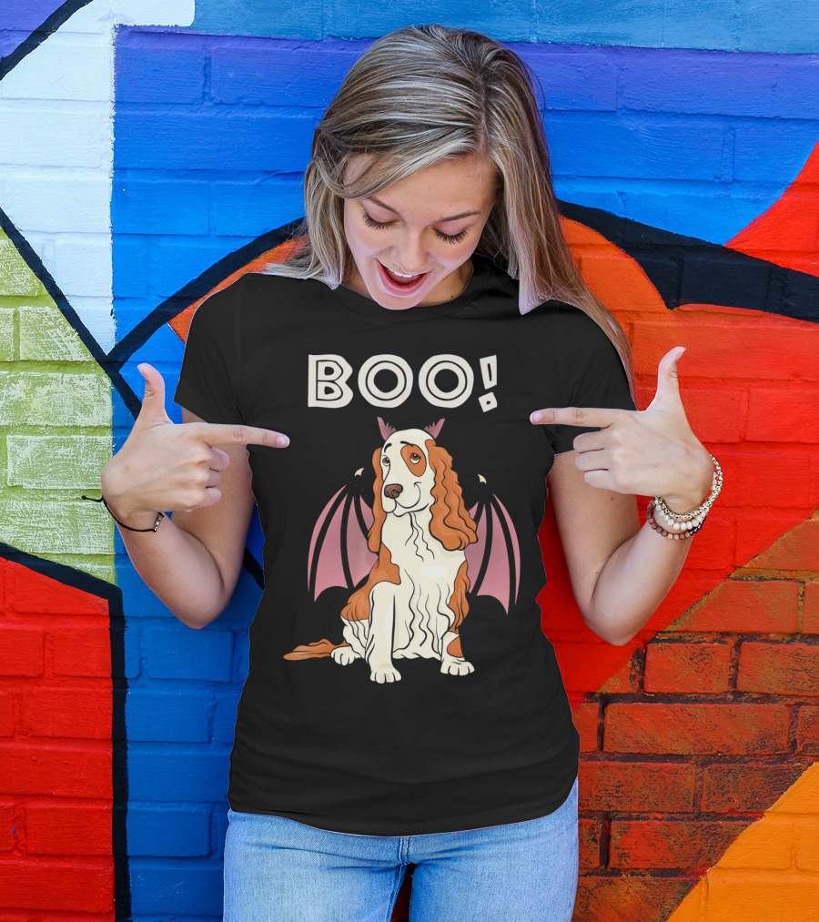 Boo Cocker Spaniel With Bat Wings Halloween T-Shirt