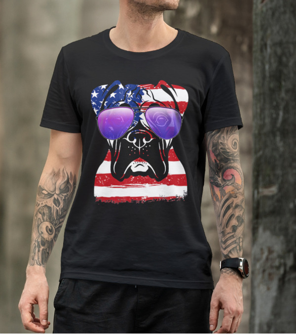 Boxer Dog With American Flag Sunglasses Patriotic T-Shirt