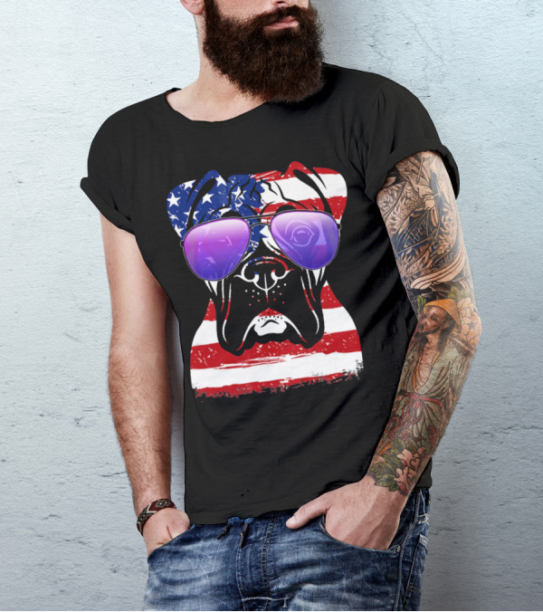 Boxer Dog With American Flag Sunglasses Patriotic T-Shirt