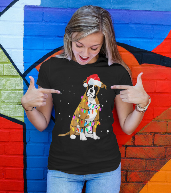 Boxer Dog Wrapped In Christmas Lights With Santa Hat T-Shirt