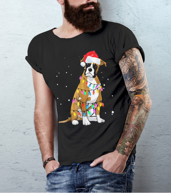 Boxer Dog Wrapped In Christmas Lights With Santa Hat T-Shirt