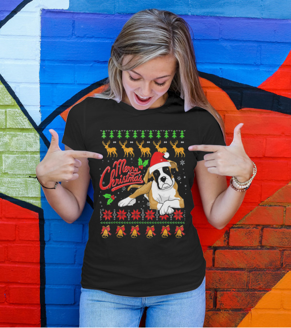 Merry Christmas Boxer Dog Santa Hat Reindeer Snowflakes T-Shirt