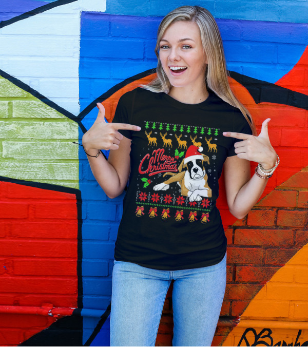 Merry Christmas Boxer Dog Santa Hat Reindeer Snowflakes T-Shirt