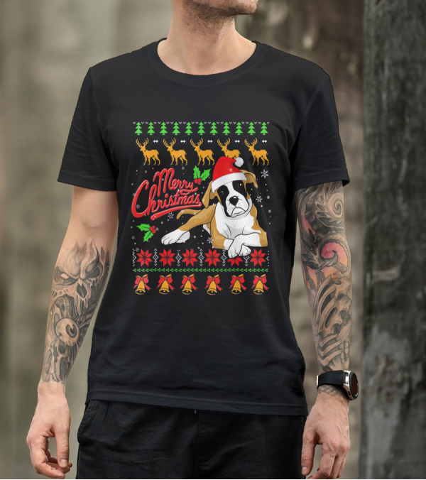 Merry Christmas Boxer Dog Santa Hat Reindeer Snowflakes T-Shirt