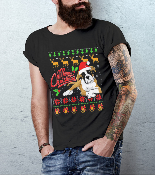 Merry Christmas Boxer Dog Santa Hat Reindeer Snowflakes T-Shirt