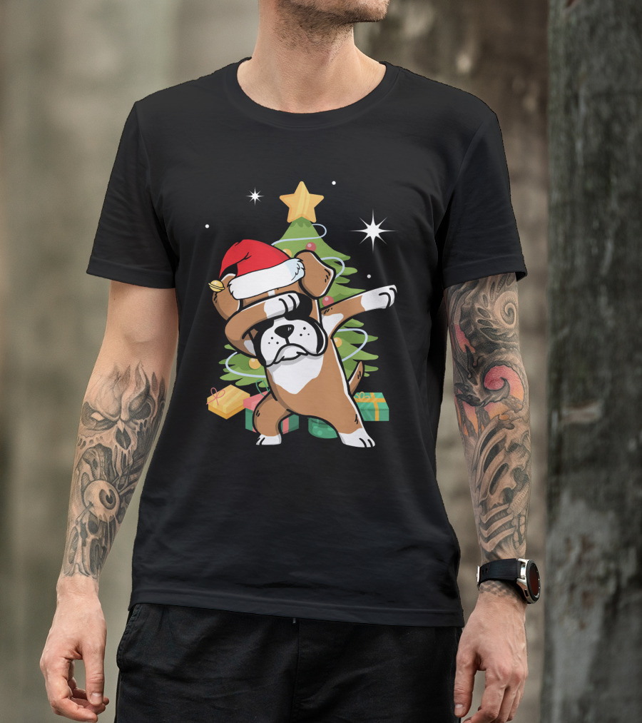 Christmas Boxer Dog Dabbing In Front Of Tree With Gifts T-Shirt