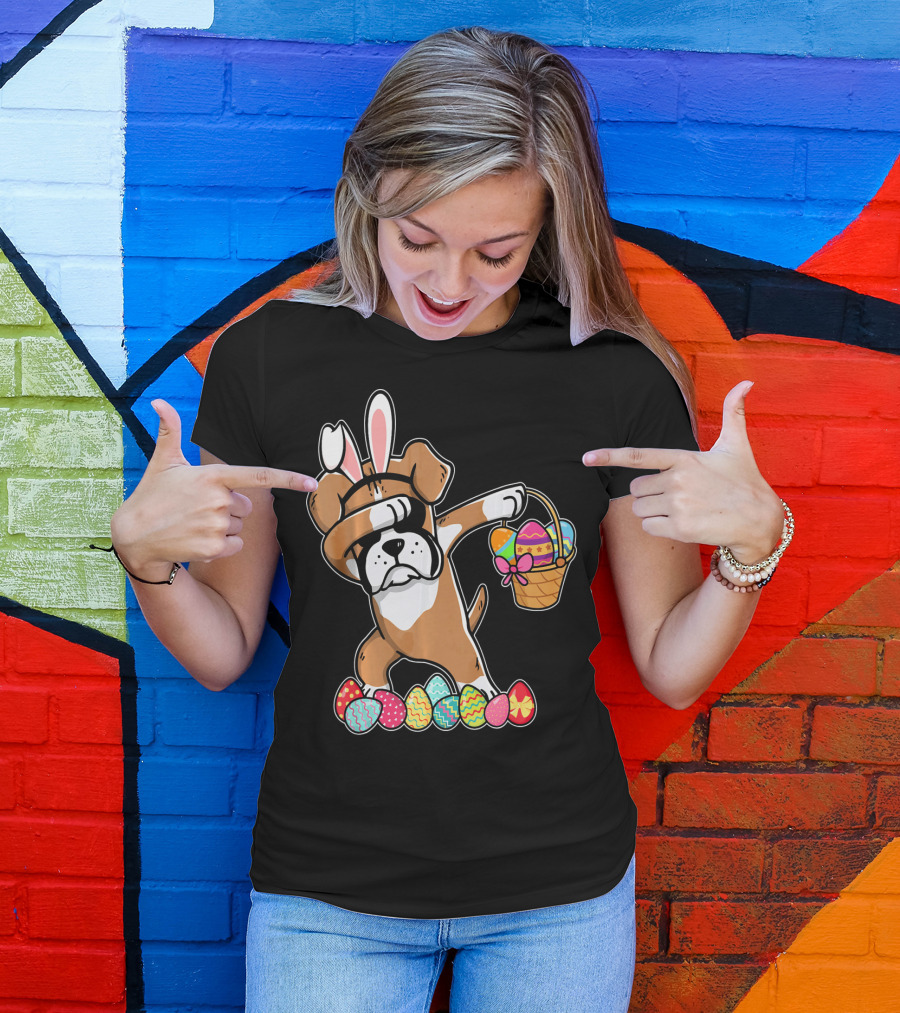 Boxer Dabbing As Easter Bunny With Basket And Eggs T-Shirt