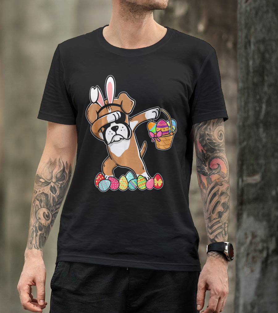 Boxer Dabbing As Easter Bunny With Basket And Eggs T-Shirt