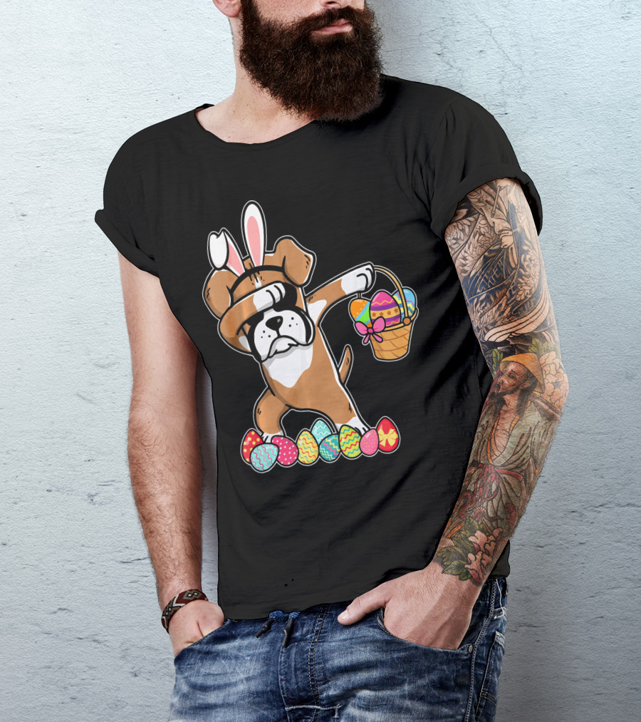 Boxer Dabbing As Easter Bunny With Basket And Eggs T-Shirt