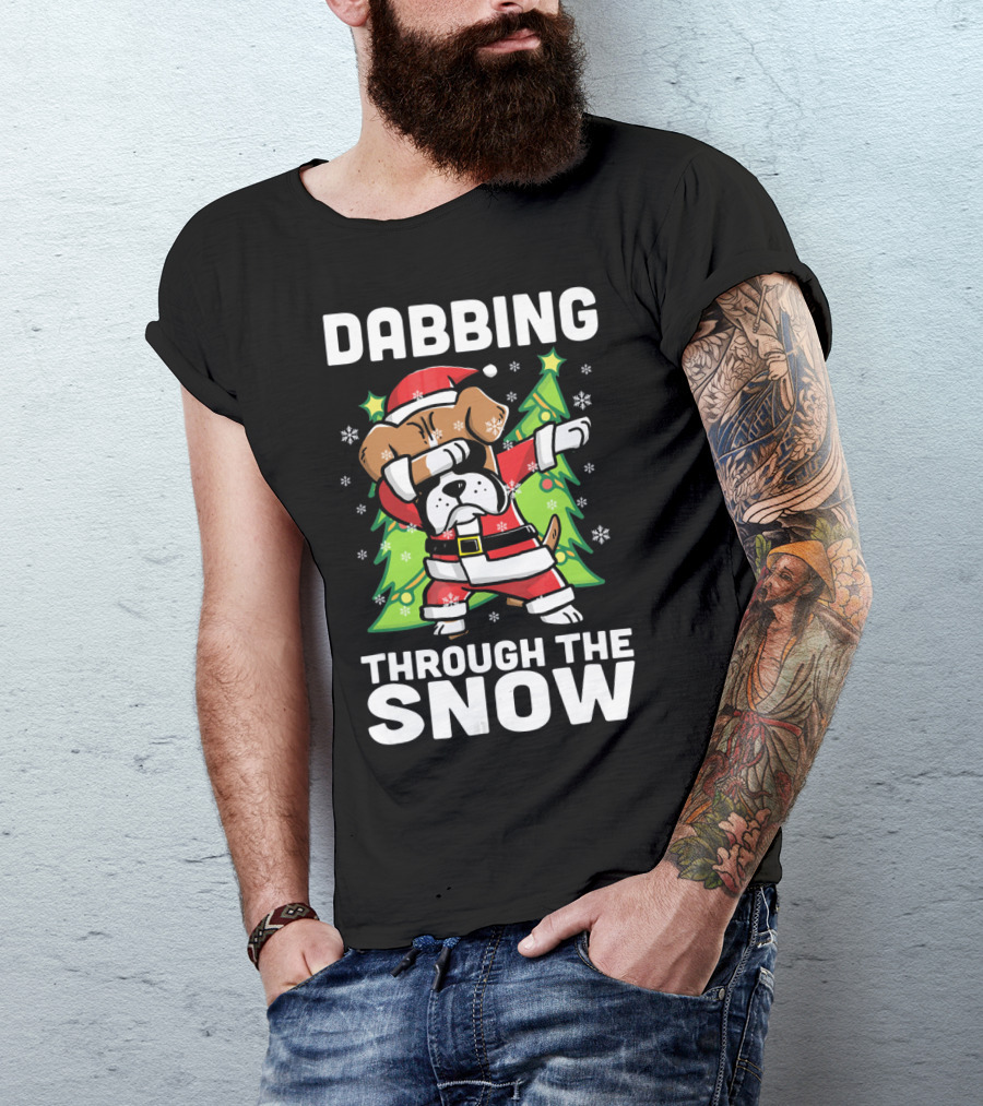 Dabbing Through The Snow Boxer Dog Santa Christmas Snowflakes Pine Trees T-Shirt