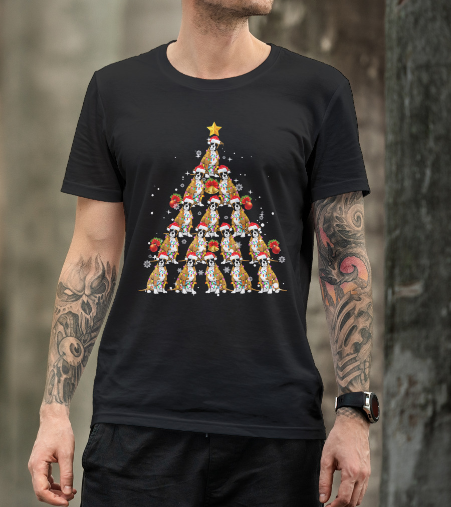 Boxer Dog Christmas Tree With Santa Hats And Lights T-Shirt