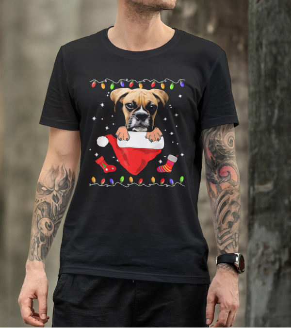Festive Boxer Dog Christmas With Santa Hat And Holiday Lights T-Shirt