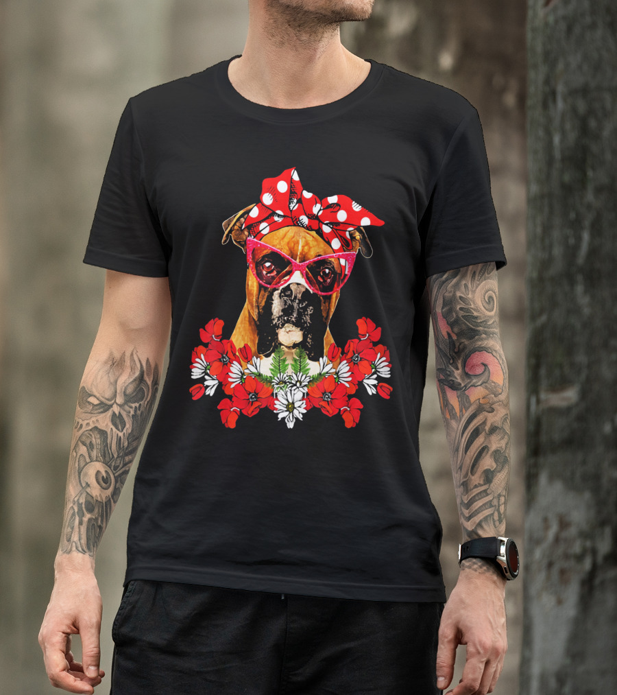Boxer Dog Moms Red Polka Dot Bow Mixed Flower Arrangement T-Shirt