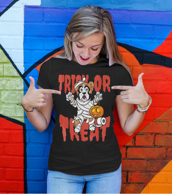 Trick Or Treat Boxer Dog Mummy With Pumpkin And Toilet Paper Rolls T-Shirt
