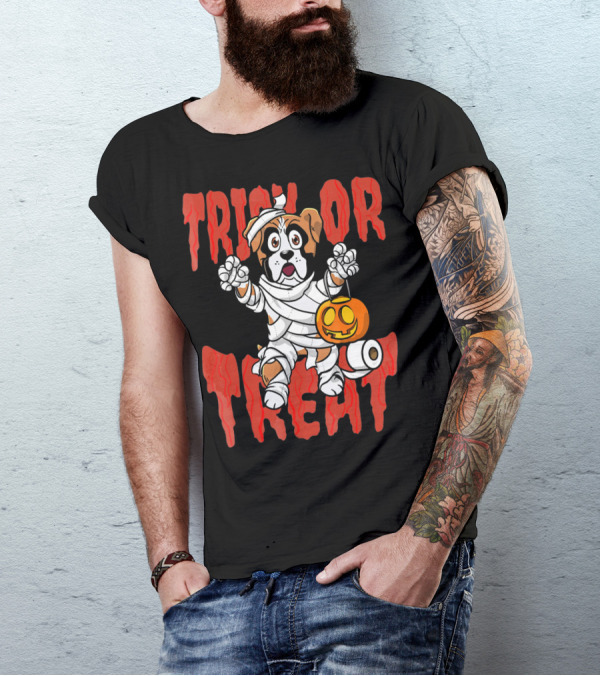 Trick Or Treat Boxer Dog Mummy With Pumpkin And Toilet Paper Rolls T-Shirt