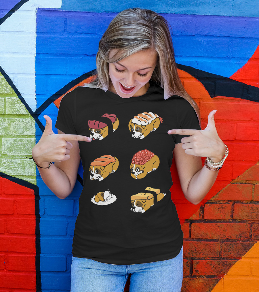 Boxer Dog Nigiri Sushi Funny Dog Boxer Sushi Roll Humor Nigiri Boxer Pups Sushi Styled Boxer Dogs T-Shirt