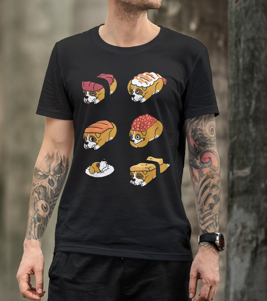 Boxer Dog Nigiri Sushi Funny Dog Boxer Sushi Roll Humor Nigiri Boxer Pups Sushi Styled Boxer Dogs T-Shirt