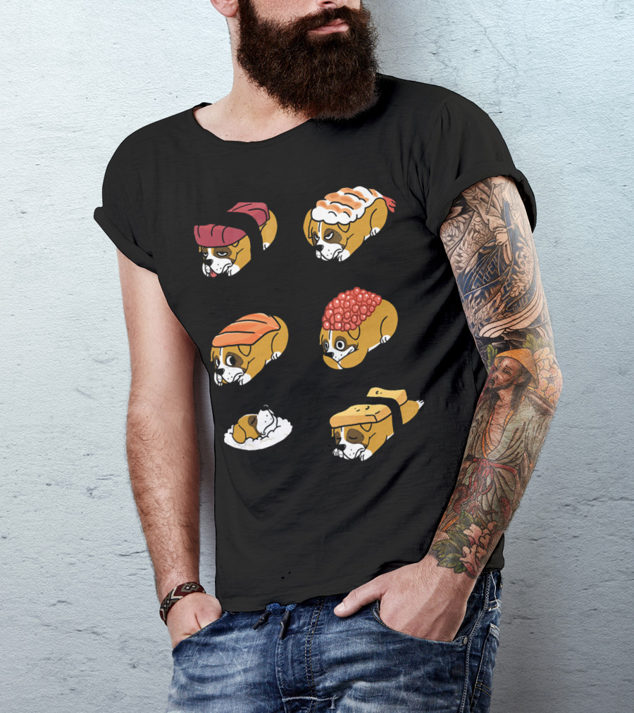 Boxer Dog Nigiri Sushi Funny Dog Boxer Sushi Roll Humor Nigiri Boxer Pups Sushi Styled Boxer Dogs T-Shirt