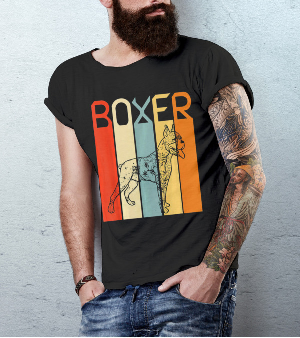 Boxer Dog Retro Stripes Outline T-Shirt