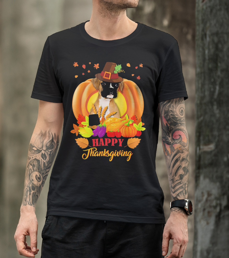 Boxer Dog In Pilgrim Hat Happy Thanksgiving Pumpkin Harvest T-Shirt