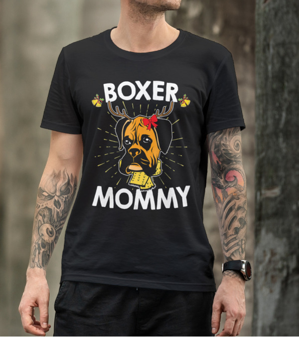 Boxer Mommy Reindeer Antlers Christmas Lights Bow Scarf Dog T-Shirt