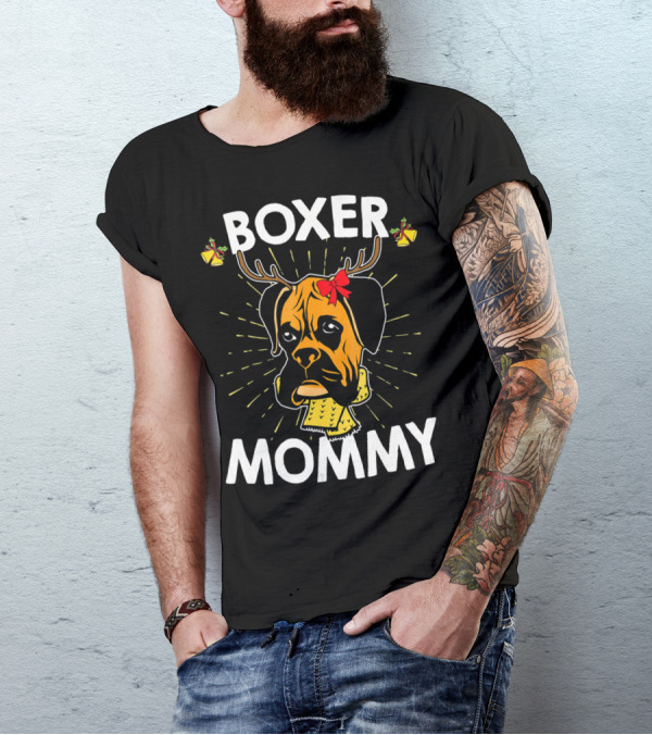 Boxer Mommy Reindeer Antlers Christmas Lights Bow Scarf Dog T-Shirt