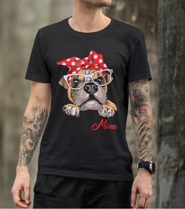 Boxer Mom Dog With Polka Dot Headband And Glasses T-Shirt