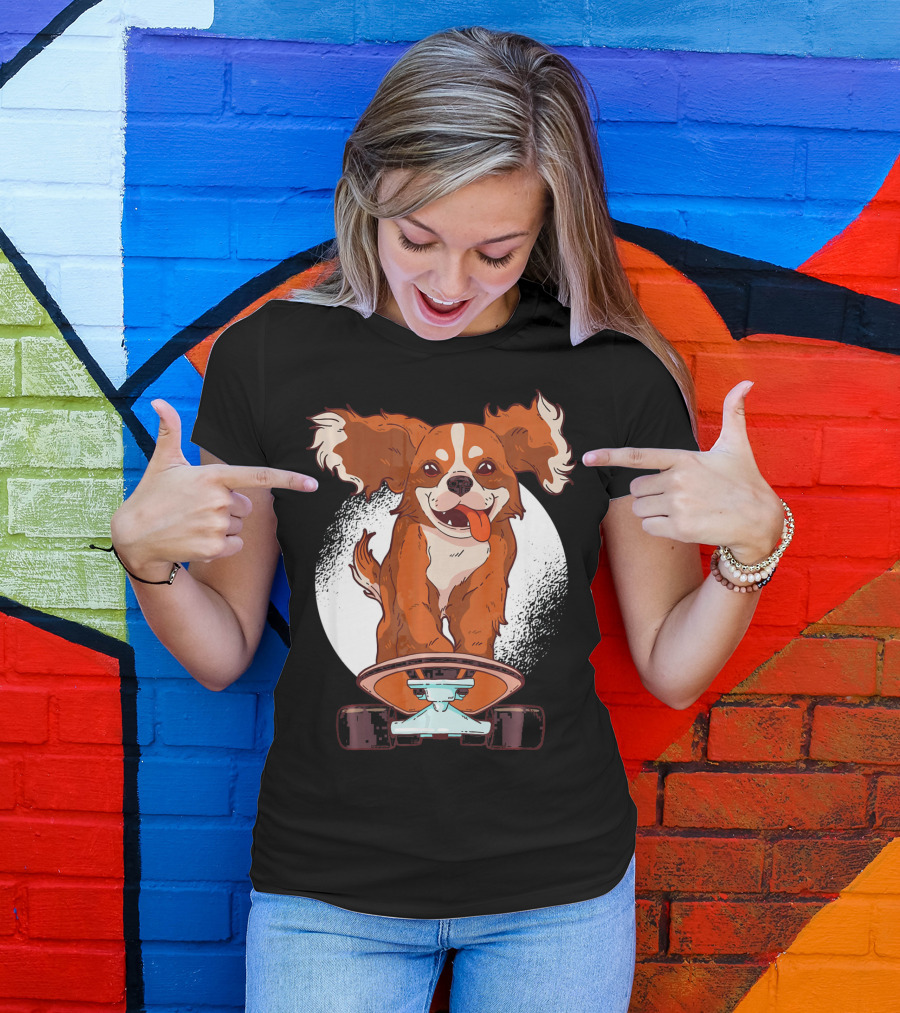 Cavalier Dog On Skateboard With Happy Expression And Energetic Pose T-Shirt