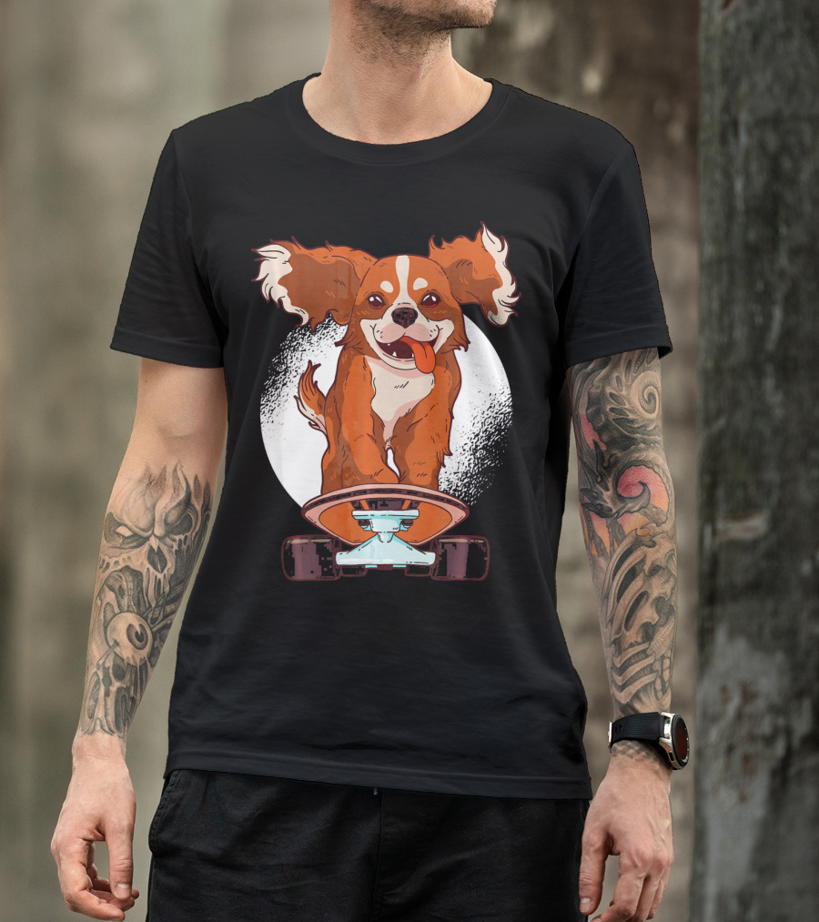 Cavalier Dog On Skateboard With Happy Expression And Energetic Pose T-Shirt