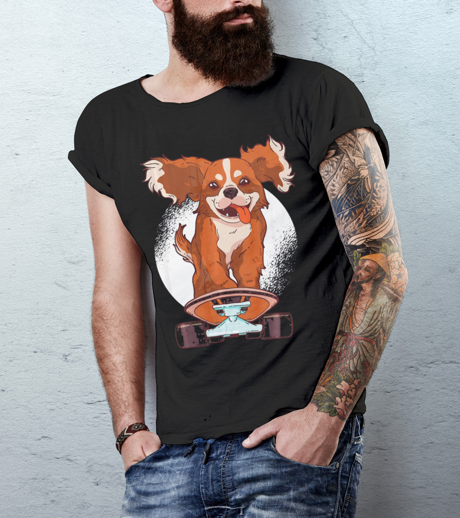 Cavalier Dog On Skateboard With Happy Expression And Energetic Pose T-Shirt