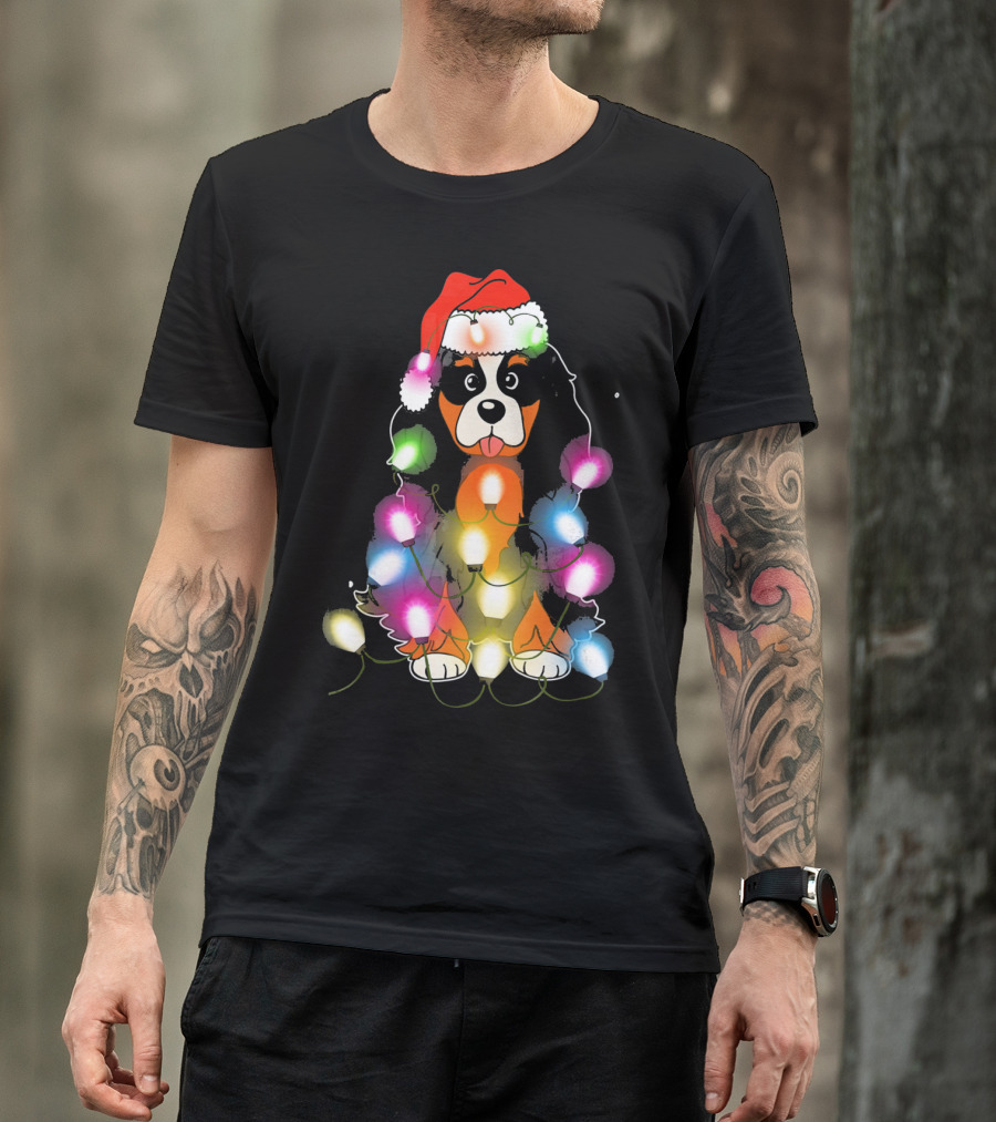 Cavalier King Charles Spaniel Festive Christmas Lights With Santa Hat T-Shirt