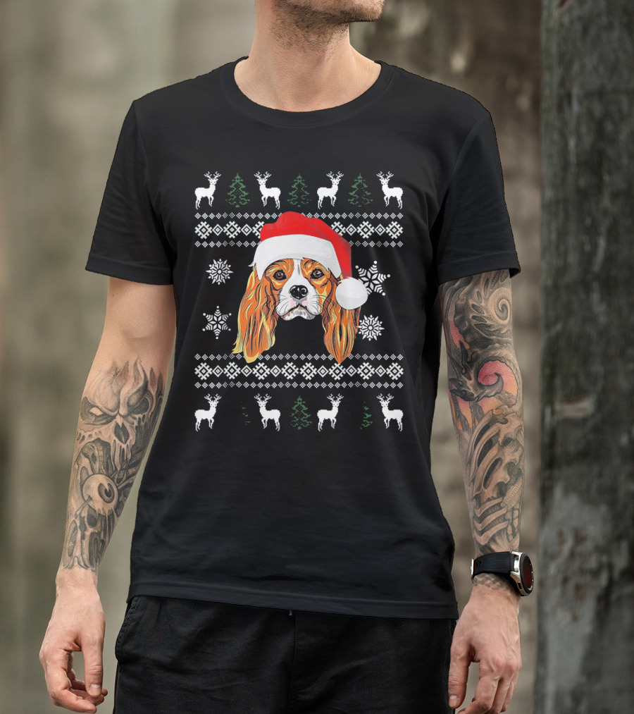 Cavalier King Charles Spaniel Christmas Santa Hat Reindeer Snowflakes Ugly T-Shirt