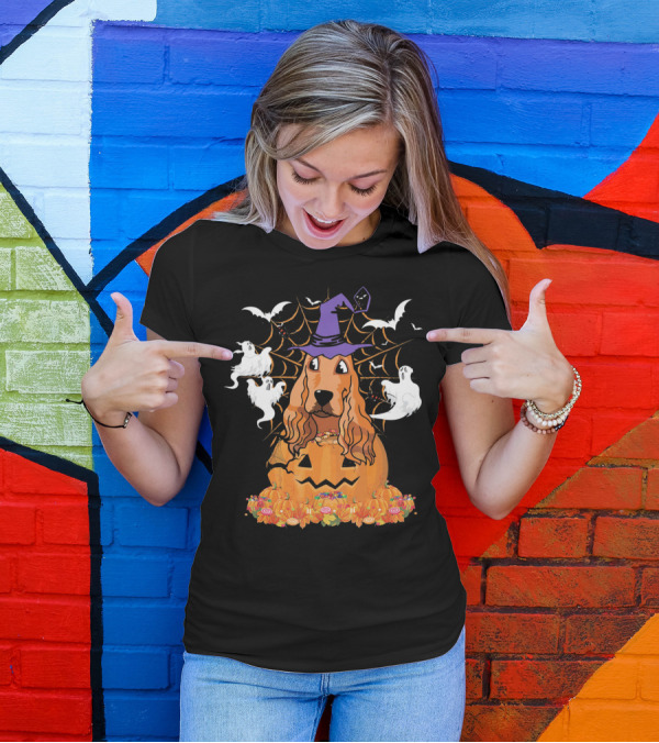 Cavalier King Charles Spaniel Halloween Pumpkin Ghosts And Witch Hat T-Shirt