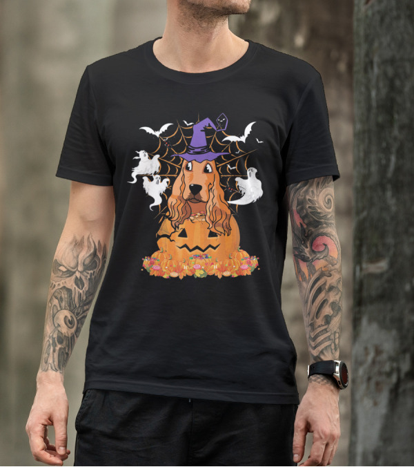 Cavalier King Charles Spaniel Halloween Pumpkin Ghosts And Witch Hat T-Shirt
