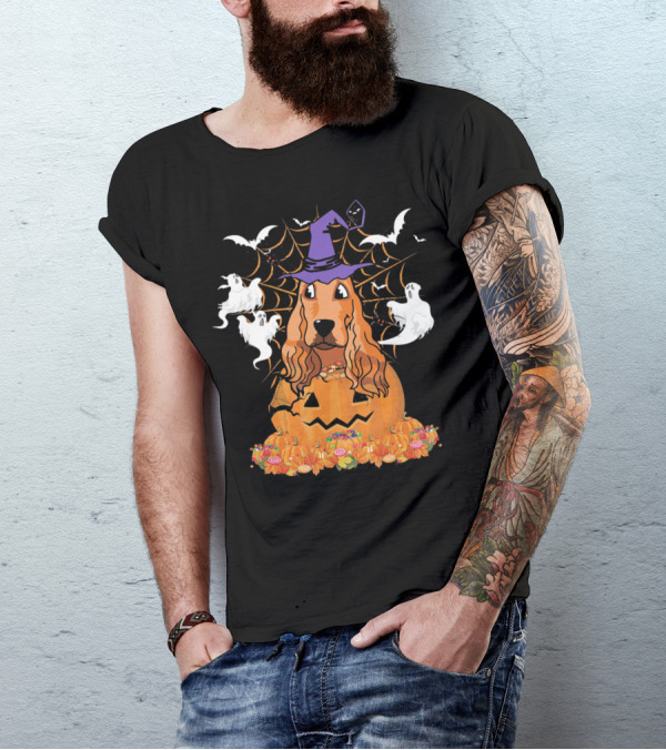 Cavalier King Charles Spaniel Halloween Pumpkin Ghosts And Witch Hat T-Shirt