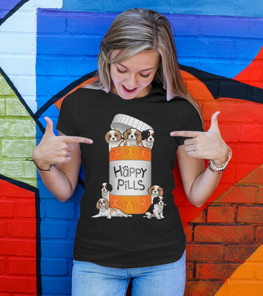 Cavalier King Charles Spaniel Happy Pills Illustration With Puppies In Pill Bottle T-Shirt