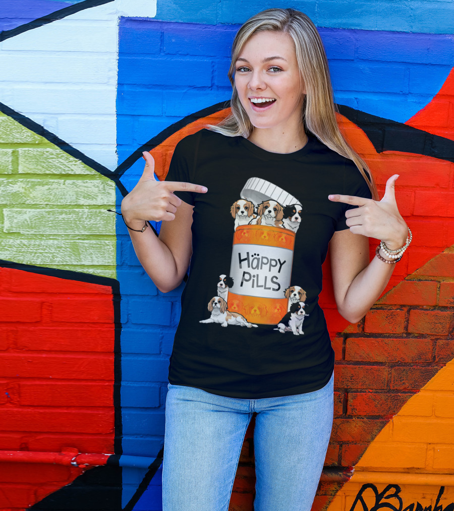 Cavalier King Charles Spaniel Happy Pills Illustration With Puppies In Pill Bottle T-Shirt
