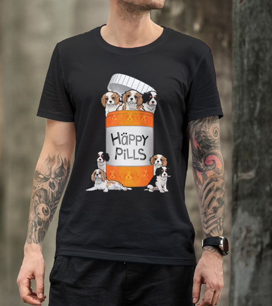 Cavalier King Charles Spaniel Happy Pills Illustration With Puppies In Pill Bottle T-Shirt