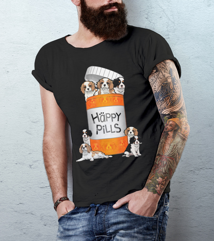 Cavalier King Charles Spaniel Happy Pills Illustration With Puppies In Pill Bottle T-Shirt